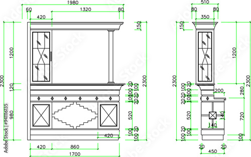 vector sketch, silhouette illustration, architectural design, interior drawing, vintage classic kitchen set furniture