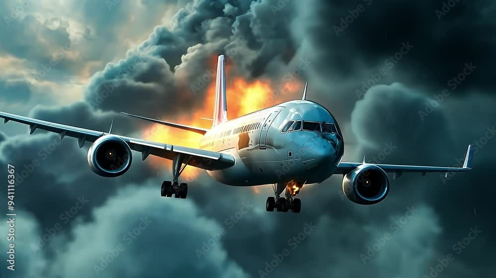 Flying aircraft with exploding engine just before air crash, A airplane on fire on a blue sky