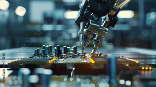 Precision robotic arms work meticulously on electronic components, highlighting the sophistication of modern manufacturing technology.