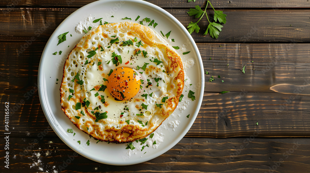 Delicious fried egg with parsley and spices is served on white plate for breakfast on old wooden table Delicious fried egg with parsley and spices is served on white plate for breakfast on old wooden table