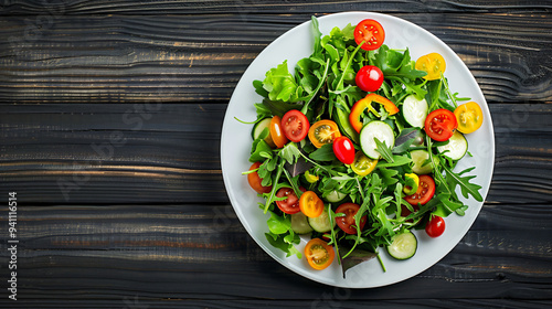 White plate with fresh arugula, tomatoes, cucumber and pepper is sitting on a dark wooden background