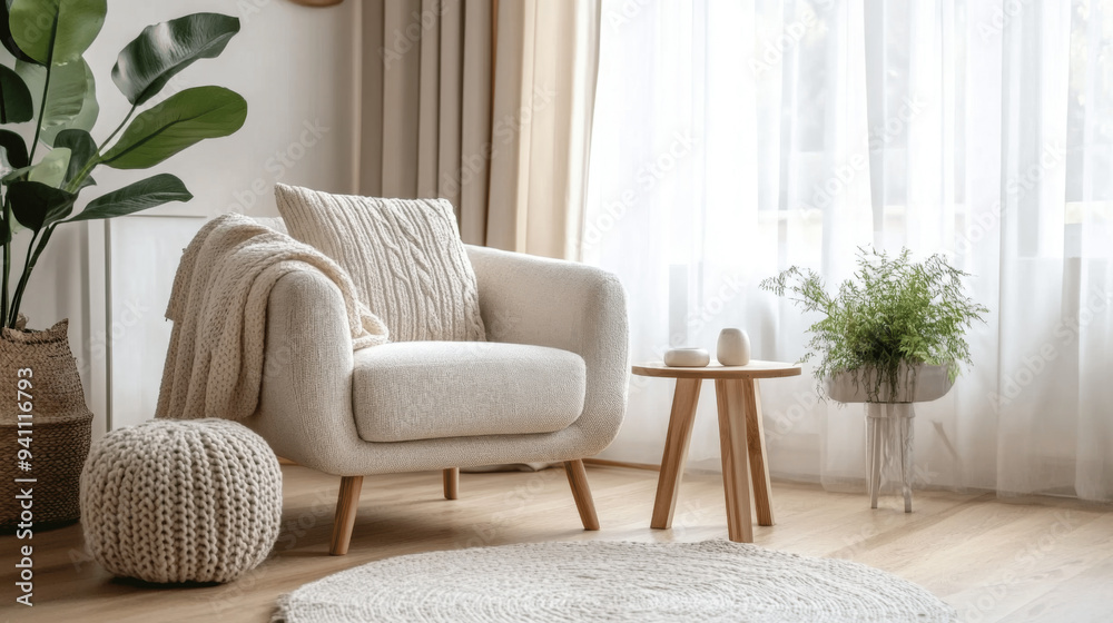 Classic Scandinavian Interior Design of Modern Living Room with Boucle Armchair Classic Scandinavian Interior Design of Modern Living Room with Boucle Armchair