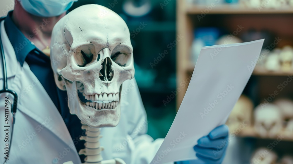 A doctor dressed in medical attire holds a paper, appearing to review information next to a human skeleton in an educational setting. A doctor dressed in medical attire holds a paper, appearing to review information next to a human skeleton in an educational setting.