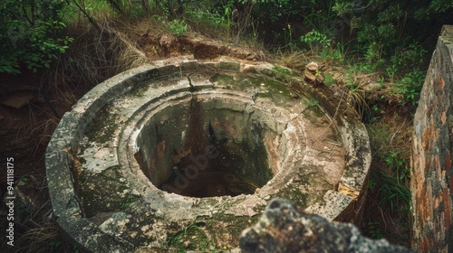 A weathered, circular concrete structure surrounded by lush greenery and vegetation, evoking a sense of forgotten history.