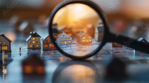 A magnifying glass focusing on a detailed map of properties with price tags and growth indicators, showcasing the real estate marketâs potential. photo