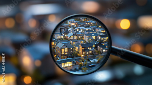 A magnifying glass focusing on a detailed map of properties with price tags and growth indicators, showcasing the real estate marketâs potential. photo