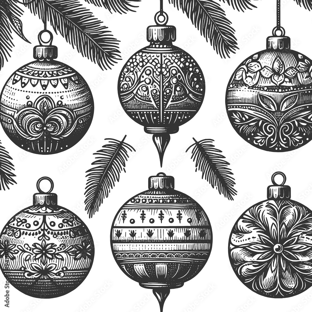 Christmas ornaments hanging from pine branches, showcasing intricate patterns, classic holiday decor sketch engraving generative ai raster illustration. Scratch board imitation. Black and white image