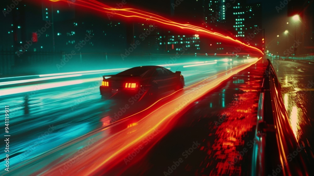 A car races down a rain-slicked highway at night, creating a dramatic display of neon light trails and reflections on the wet surface. A car races down a rain-slicked highway at night, creating a dramatic display of neon light trails and reflections on the wet surface.