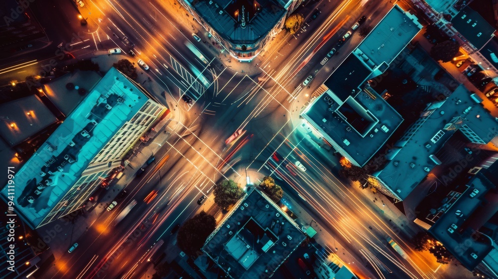 Fototapeta premium An aerial shot of a vibrant city intersection illuminated by streaks of light from moving vehicles, creating a dynamic and bustling urban atmosphere.