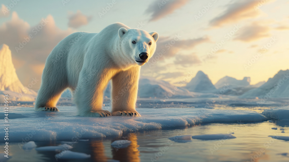 Polar bear standing on ice in an arctic landscape at sunset ...