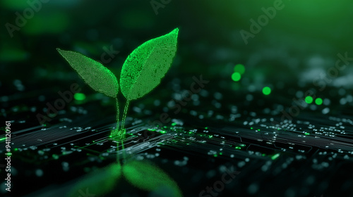 A vibrant green seedling emerging from a sleek circuit board, symbolizing the harmonious growth of nature and digital technology.