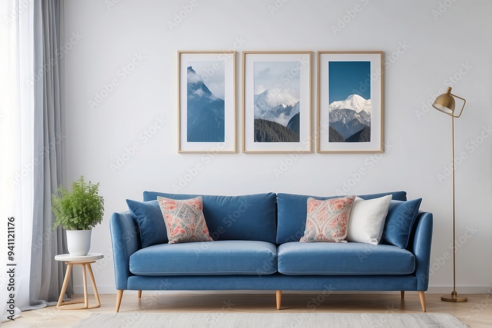 Blue Velvet Sofa with Mountain Artwork in a Modern Living Room Blue Velvet Sofa with Mountain Artwork in a Modern Living Room