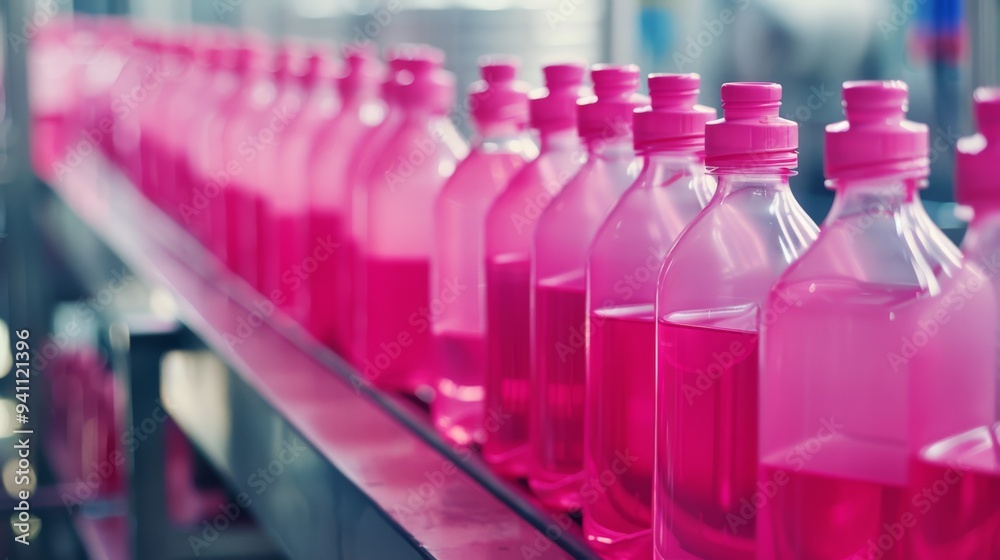 Rows of pink plastic bottles on a production line, illustrating the efficiency and scale of modern manufacturing processes. Rows of pink plastic bottles on a production line, illustrating the efficiency and scale of modern manufacturing processes.