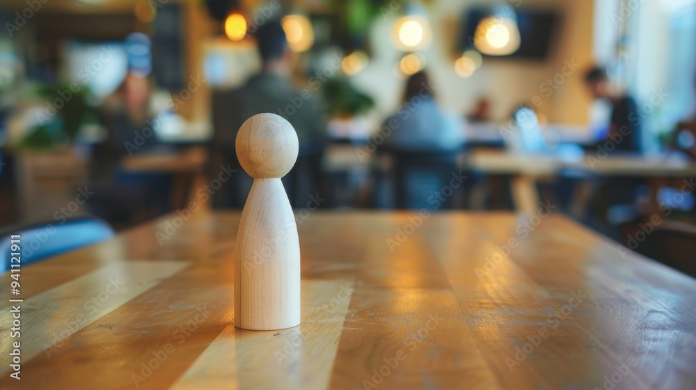 A wooden figure sits on a polished table in a cozy, blurred-background cafe, suggesting thoughtful solitude amidst a lively environment.