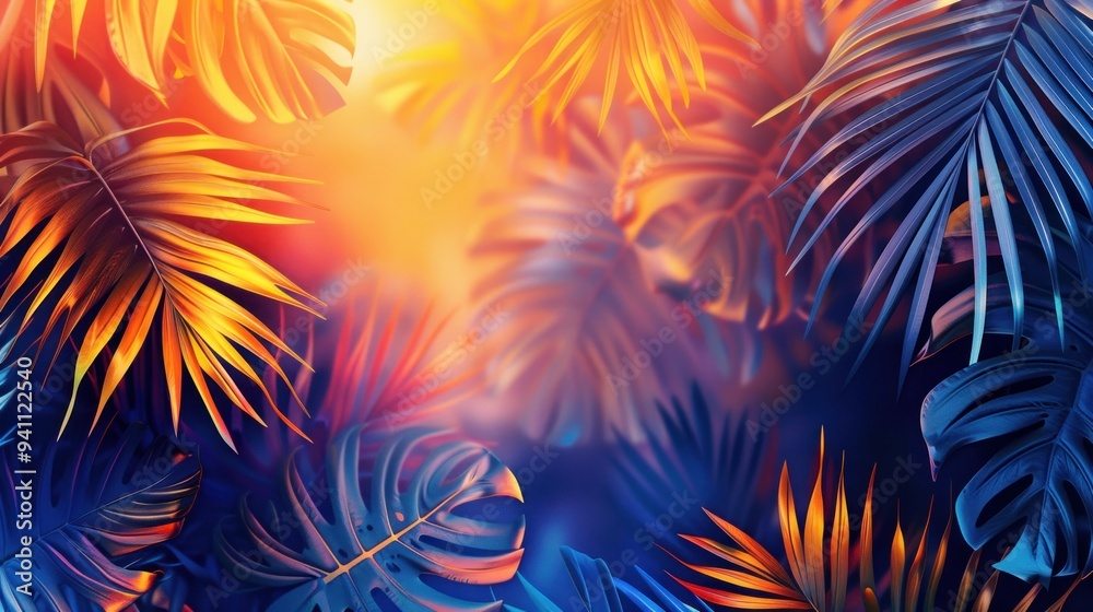 Abstract summer background with tropical leaf patterns and sunset gradients, exotic and beautiful Abstract summer background with tropical leaf patterns and sunset gradients, exotic and beautiful