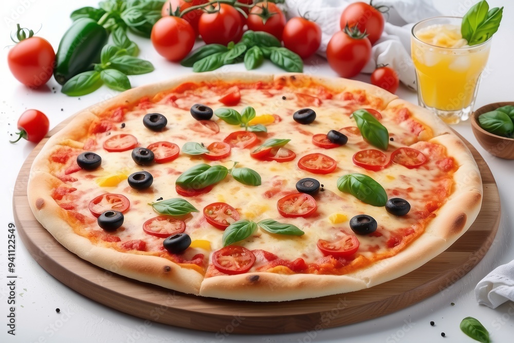Pizza with tomato, basil, black olive, and mozzarella cheese Pizza with tomato, basil, black olive, and mozzarella cheese
