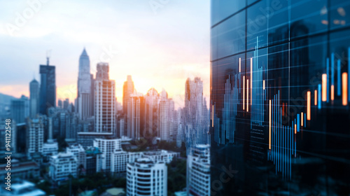 A dynamic bar chart overlaid on a cityscape with residential towers, symbolizing the upward trend in housing prices and sales.