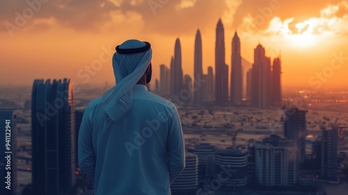 Majestic Cityscape at Sunset: A Man Gazes Over the Iconic Skyline