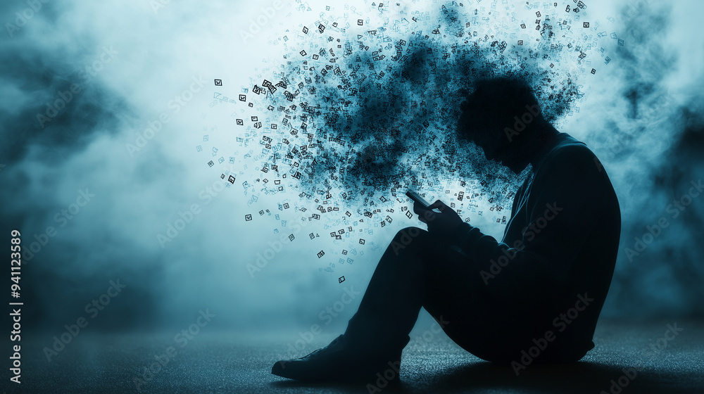 A smartphone with malicious messages spilling out like dark smoke, engulfing a person sitting alone, representing the overwhelming impact of cyberbullying on mental well-being. A smartphone with malicious messages spilling out like dark smoke, engulfing a person sitting alone, representing the overwhelming impact of cyberbullying on mental well-being.
