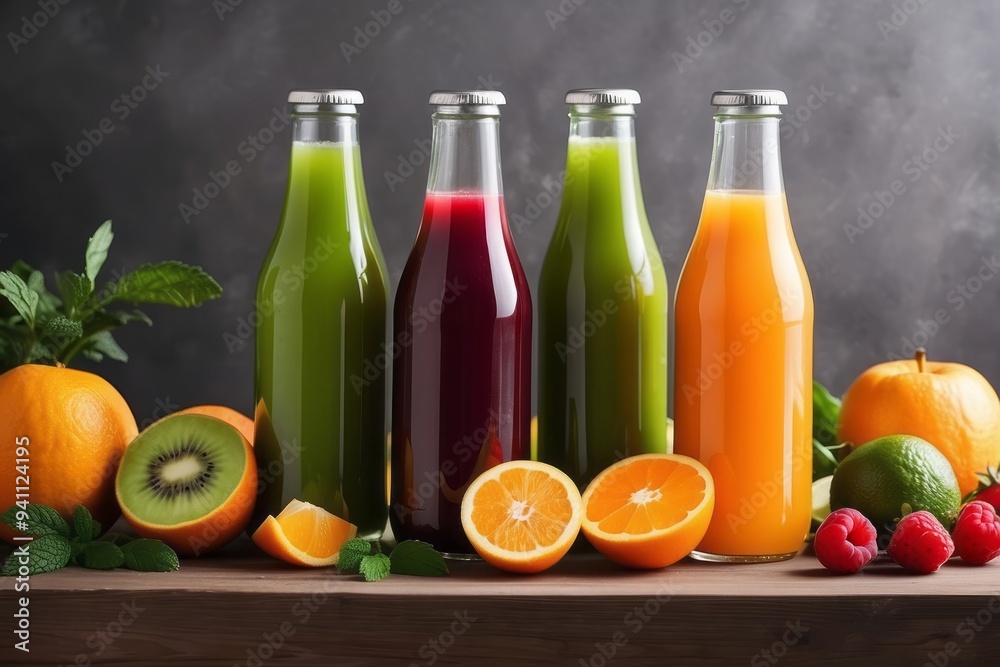 Four Glass Bottles of Colorful Juice with Fruit and Green Leaves Four Glass Bottles of Colorful Juice with Fruit and Green Leaves