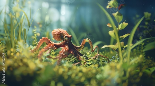 A small octopus exploring a lush underwater landscape, surrounded by vibrant green plants and a sunlit environment capturing an ethereal underwater moment.