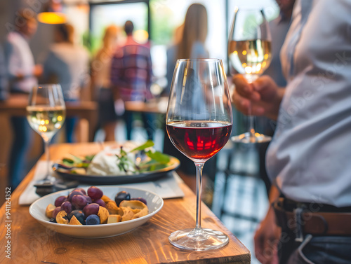 Business professional in a suit networking at a crowded corporate event with a drink in hand.