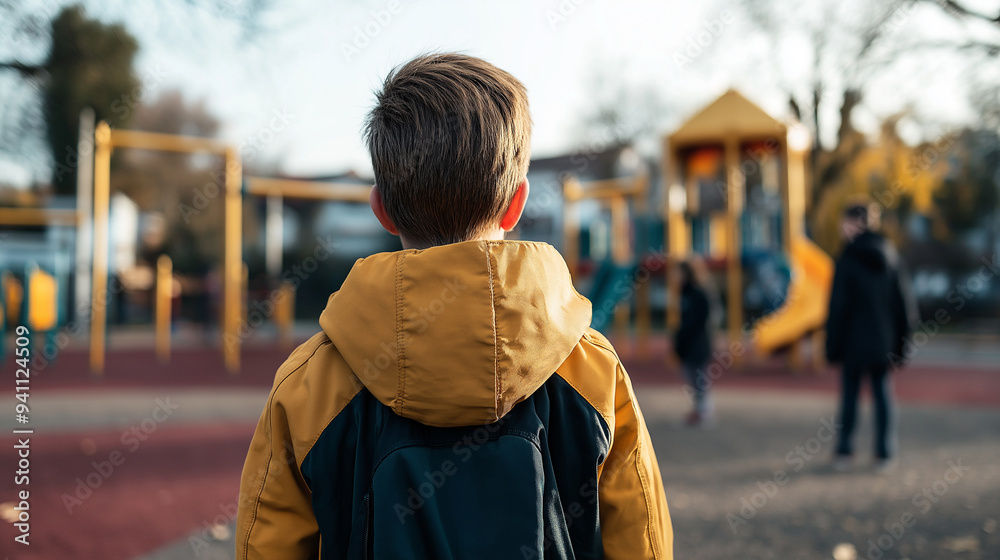 A child standing alone on a playground, watching other kids play together, representing the feeling of social exclusion and loneliness in childhood. A child standing alone on a playground, watching other kids play together, representing the feeling of social exclusion and loneliness in childhood.