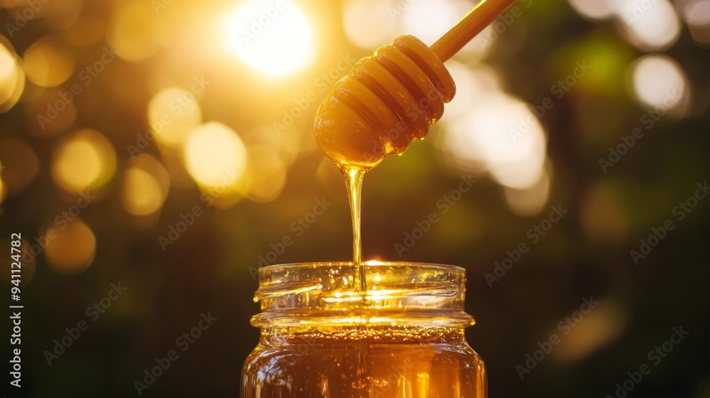 Golden Honey Dripping from Wooden Stick Dipper into Jar Against a Blurred Nature Background Golden Honey Dripping from Wooden Stick Dipper into Jar Against a Blurred Nature Background