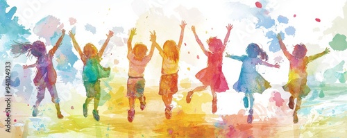 Colorful silhouettes of children celebrating joyfully against a vibrant watercolor background, capturing the essence of happiness.