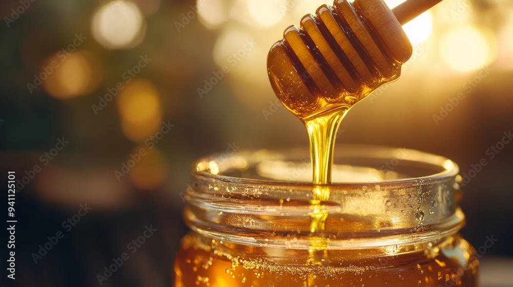 Golden Honey Dripping from Wooden Stick Dipper into Jar Against a Blurred Nature Background Golden Honey Dripping from Wooden Stick Dipper into Jar Against a Blurred Nature Background