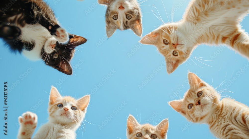 Six curious kittens look down from above against a bright blue sky, showcasing their playful and inquisitive nature. Six curious kittens look down from above against a bright blue sky, showcasing their playful and inquisitive nature.