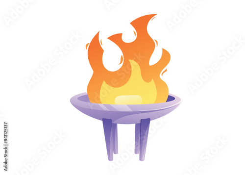 Silver bowl of the Olympic flame. Torch with burning flame. Vector isolated on white cartoon illustration of a bonfire.