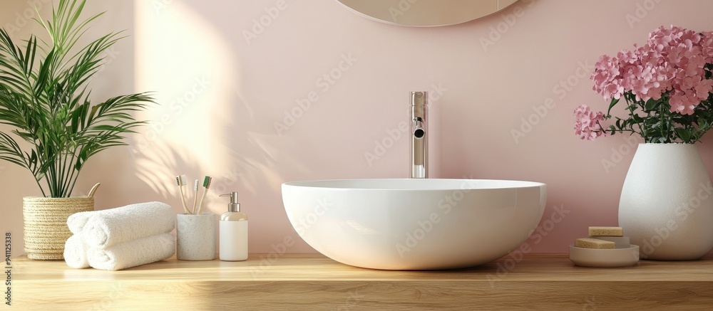 Modern Minimalist Bathroom with White Vessel Sink, Wooden Countertop, and Pink Accent Wall Modern Minimalist Bathroom with White Vessel Sink, Wooden Countertop, and Pink Accent Wall