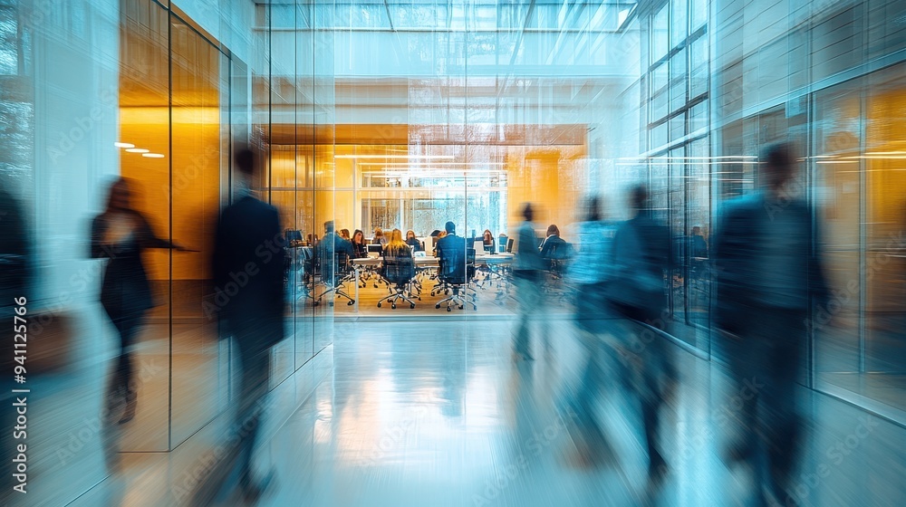 Modern Office Space with Glass Walls and Busy Professionals in Motion Blur Modern Office Space with Glass Walls and Busy Professionals in Motion Blur