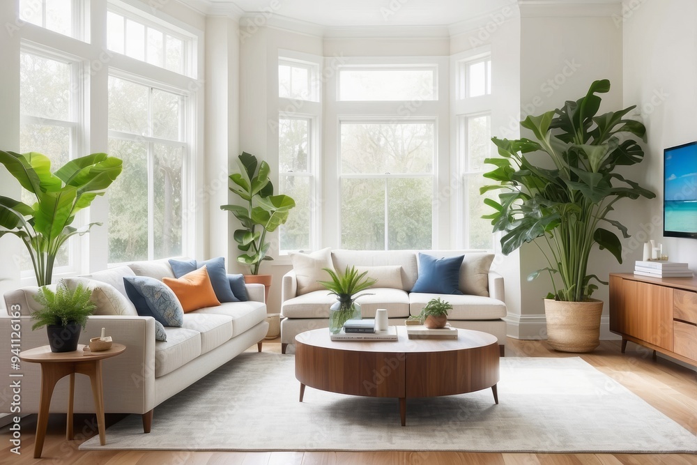 Modern Living Room with Sectional Sofa, Coffee Table, and Greenery Modern Living Room with Sectional Sofa, Coffee Table, and Greenery