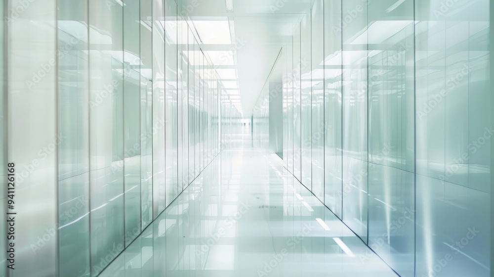Obraz premium A bright, pristine hallway with glass walls, showcasing a clean, modern architectural design that emphasizes light and transparency.