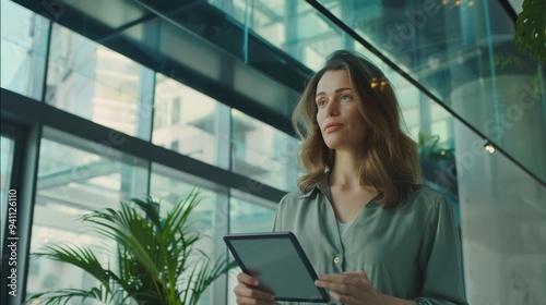 A thoughtful businesswoman stands near large windows in a modern building, holding a digital tablet and gazing thoughtfully ahead. Free Download A thoughtful businesswoman stands near large windows in a modern building, holding a digital tablet and gazing thoughtfully ahead. - GFXLoad