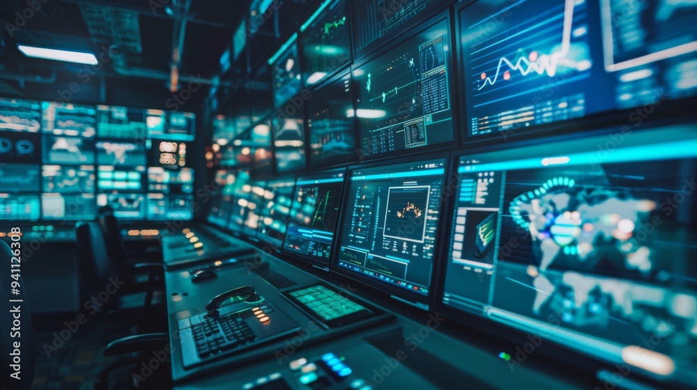 A dimly lit control room filled with an array of monitors displaying complex data, reflecting a high-tech and secure environment. A dimly lit control room filled with an array of monitors displaying complex data, reflecting a high-tech and secure environment.
