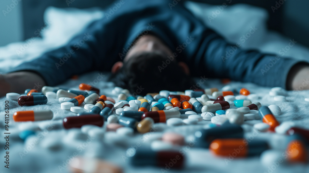 A person lying awake in bed, surrounded by empty pill bottles, representing the struggle with insomnia and reliance on medication, symbolizing mental health challenges. A person lying awake in bed, surrounded by empty pill bottles, representing the struggle with insomnia and reliance on medication, symbolizing mental health challenges.