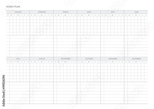 A monthly plan template with a simple and minimal style. Note, scheduler, diary, calendar planner document template illustration.