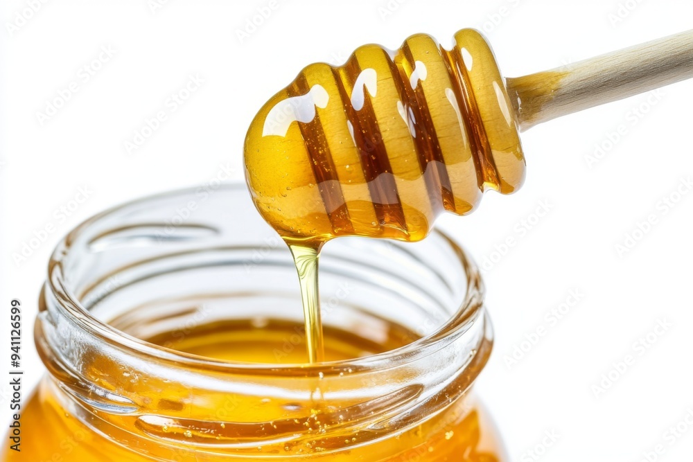 Carefully drizzling honey from a traditional wooden stick dipper into glass jar on white background Carefully drizzling honey from a traditional wooden stick dipper into glass jar on white background