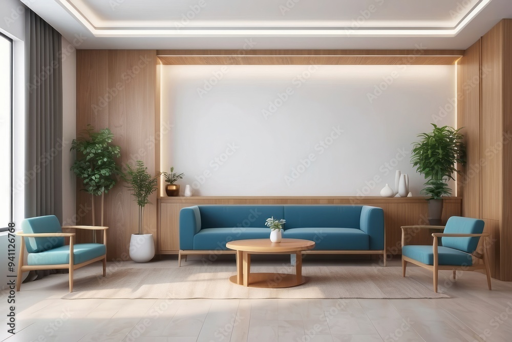 Minimalist Living Room with Blue Sofa, Two Armchairs, and Wooden Accents Minimalist Living Room with Blue Sofa, Two Armchairs, and Wooden Accents