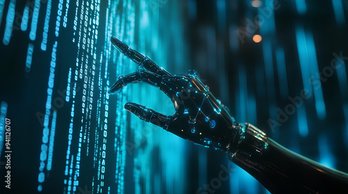 Close-up image of a person's hand interacting with a futuristic screen.