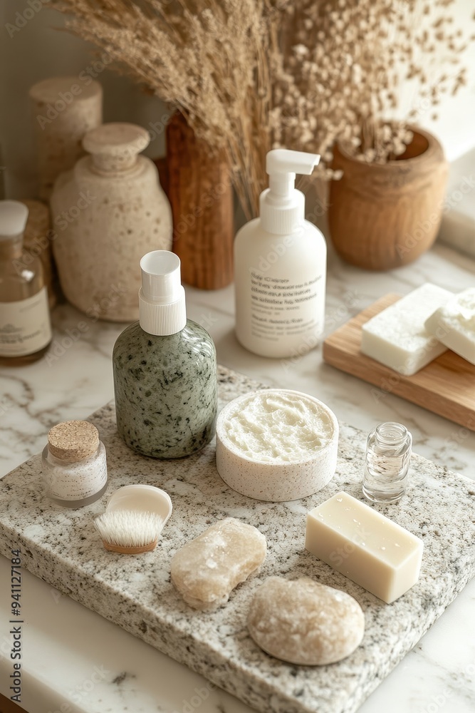 Natural Skincare Products on Marble Countertop with Dried Flowers in Background
