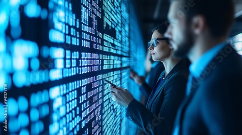 A team of data scientists collaborating over complex data visualizations on large screens demonstrating the collaborative nature of AI research Stock Photo with copy space