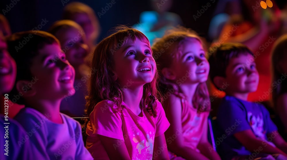 Children watch a performance with wide eyes and happy smiles. Children watch a performance with wide eyes and happy smiles.