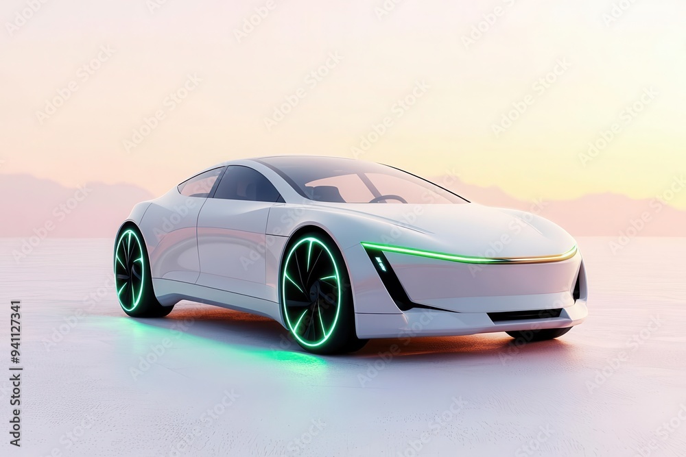 Fototapeta premium Futuristic EV car with sleek aerodynamic design, powered by green energy, 3D illustration