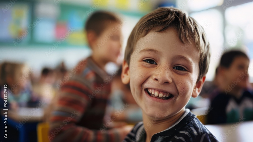 A joyful child with a wide smile in a colorful classroom setting, creating a scene filled with happiness, innocence, and the excitement of learning. A joyful child with a wide smile in a colorful classroom setting, creating a scene filled with happiness, innocence, and the excitement of learning.