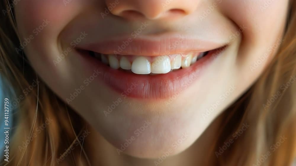 Close up of a smiling little girl with white teeth, Close up view of a children girl mouth with healthy teeth Close up of a smiling little girl with white teeth, Close up view of a children girl mouth with healthy teeth
