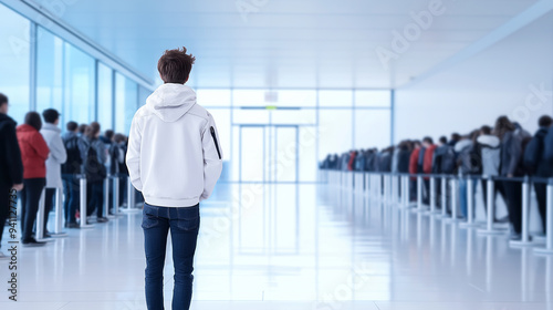 A person standing in a long line at the unemployment office, looking dejected, symbolizing the frustration and hopelessness of joblessness. photo